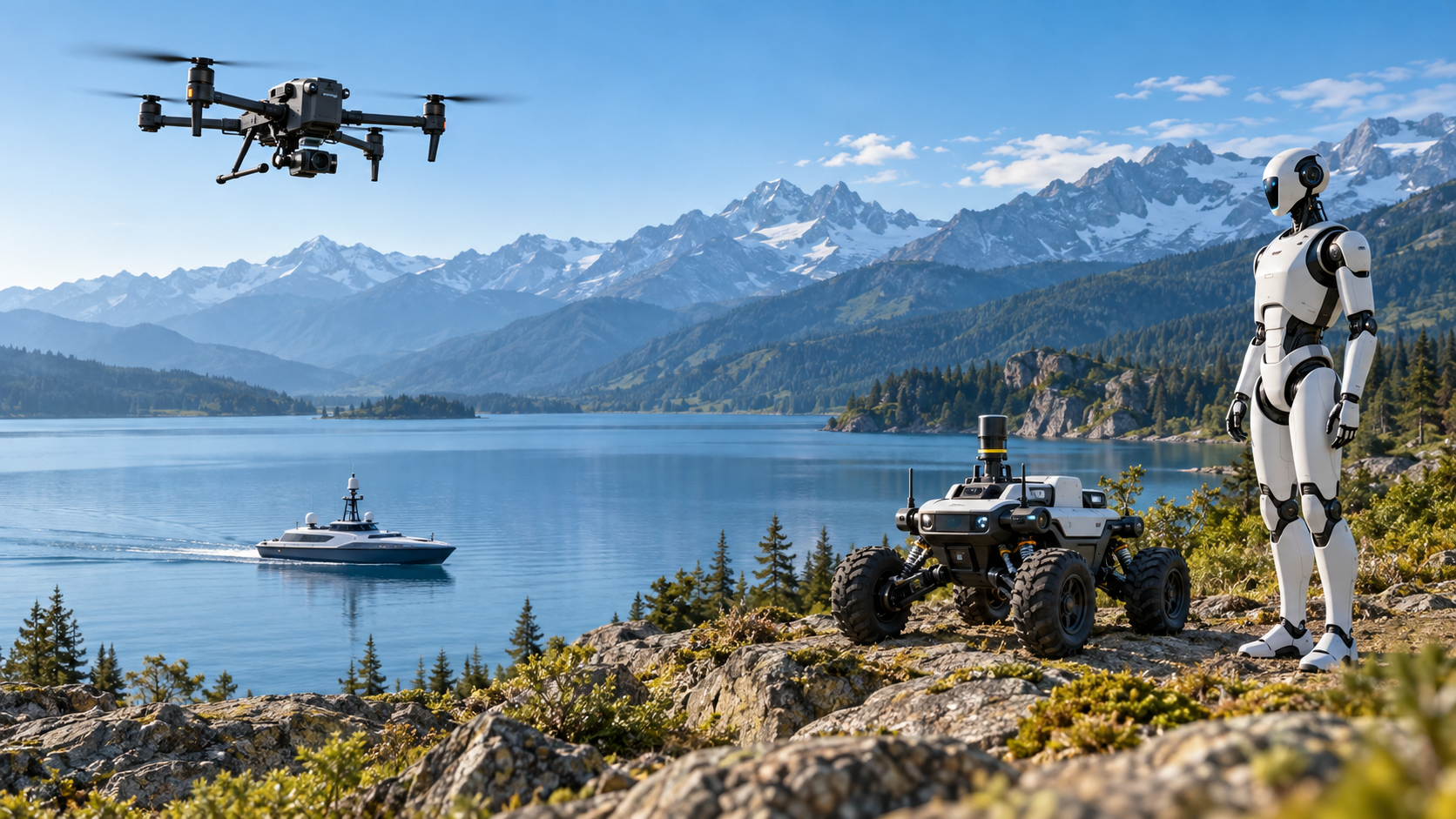 Drone, humanoid robot, unmanned ground rover and autonomous boat in a mountain and lake setting