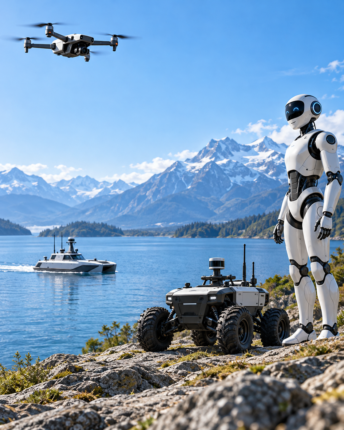 Drone, humanoid robot, unmanned ground rover and autonomous boat in a mountain and lake setting